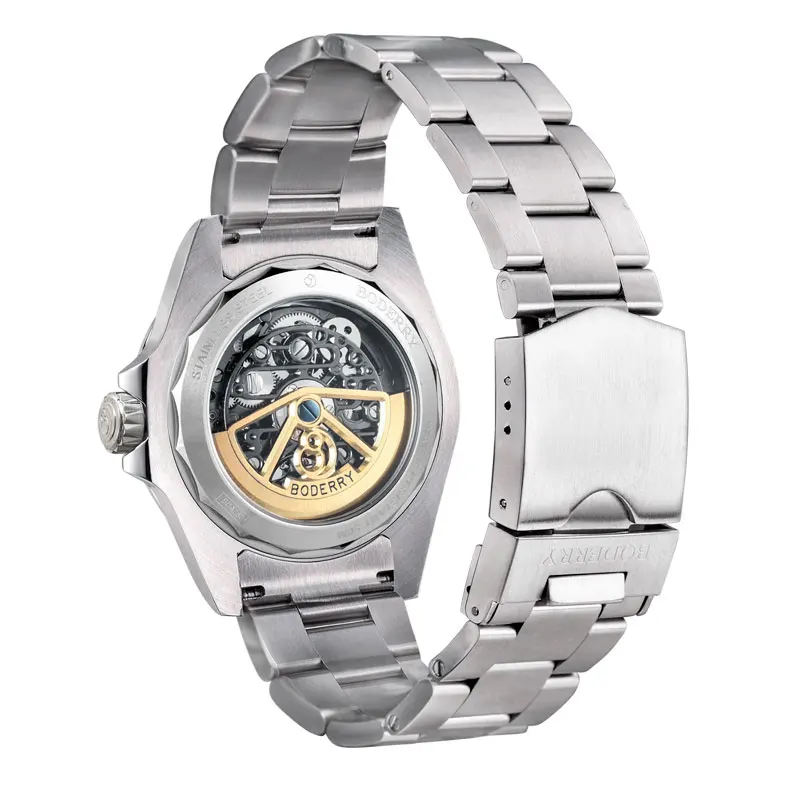 BODERRY Mens นาฬิกาอัตโนมัตินาฬิกาทหารนาฬิกาข้อมือกีฬา 50 M กันน้ํา Sapphire Mirror Skeleton Dial Luminous