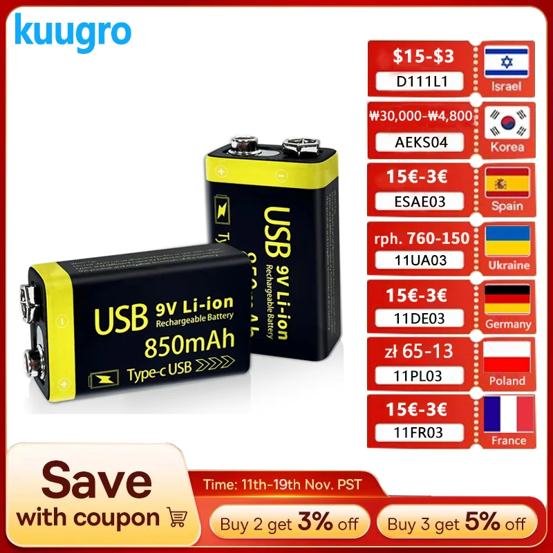 

Kuugro 9V Rechargeable Li-ion Battery 850mAh USB Charging 6F22 Compatible with RC Helicopter Model Multimeter Toy