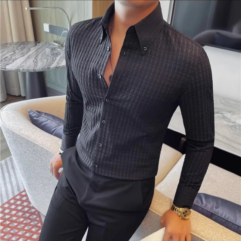 

Autumn Winter Waffle Plaid Casual Business Shirt Men Long Sleeve Formal Dress Shirts Lapel Versatile Office Social Uniform Shirt