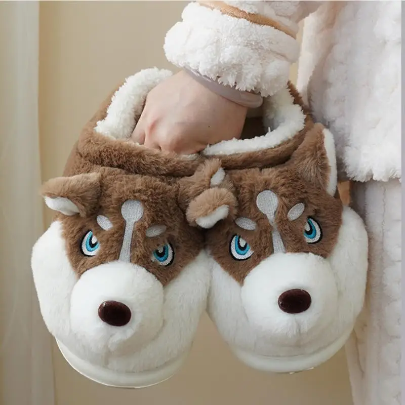 Women Indoor Cotton Slippers Cute Cartoon Dog Winter Warm Shoes Couples Home Floor Slides Anti-slip Female Male House Footwear