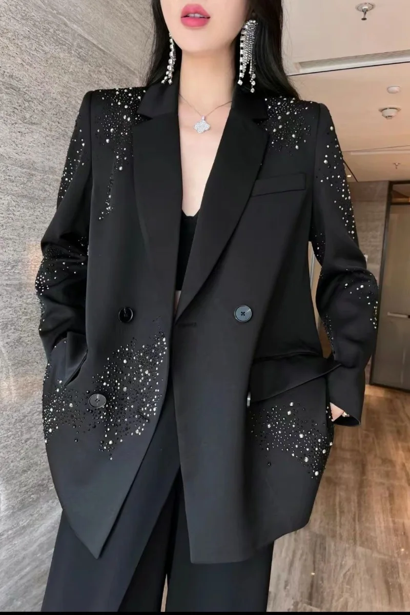 2024 Spring Autumn New Coat Suit Solid Color Popular Double Row Studded Diamond Sequin Loose Blazers