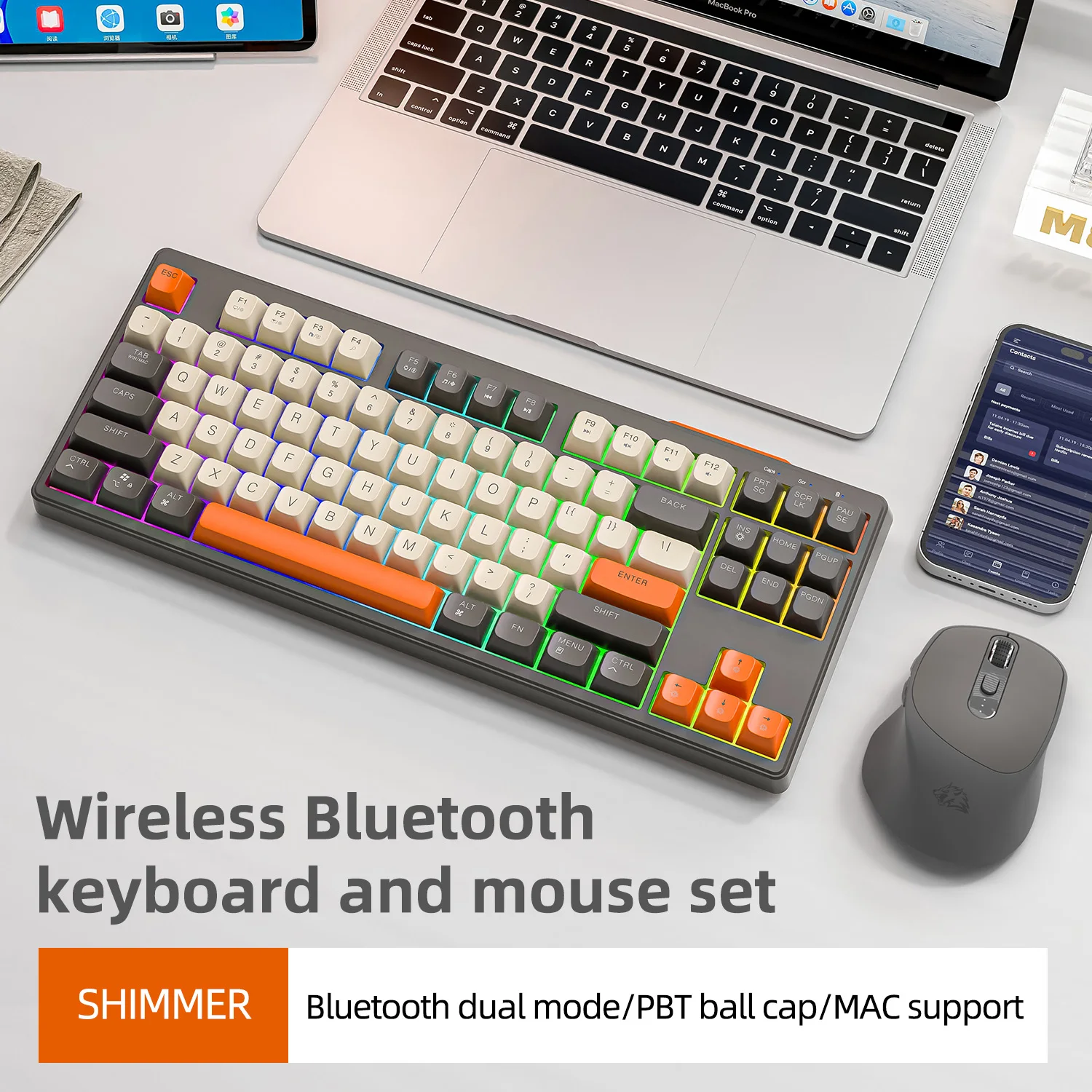 M87 Wireless Keyboard and Mouse Combo, Bluetooth Dual Mode, PBT,Backlit,Rechargeable Keyboard Mouse Kit for Silent Office Gaming