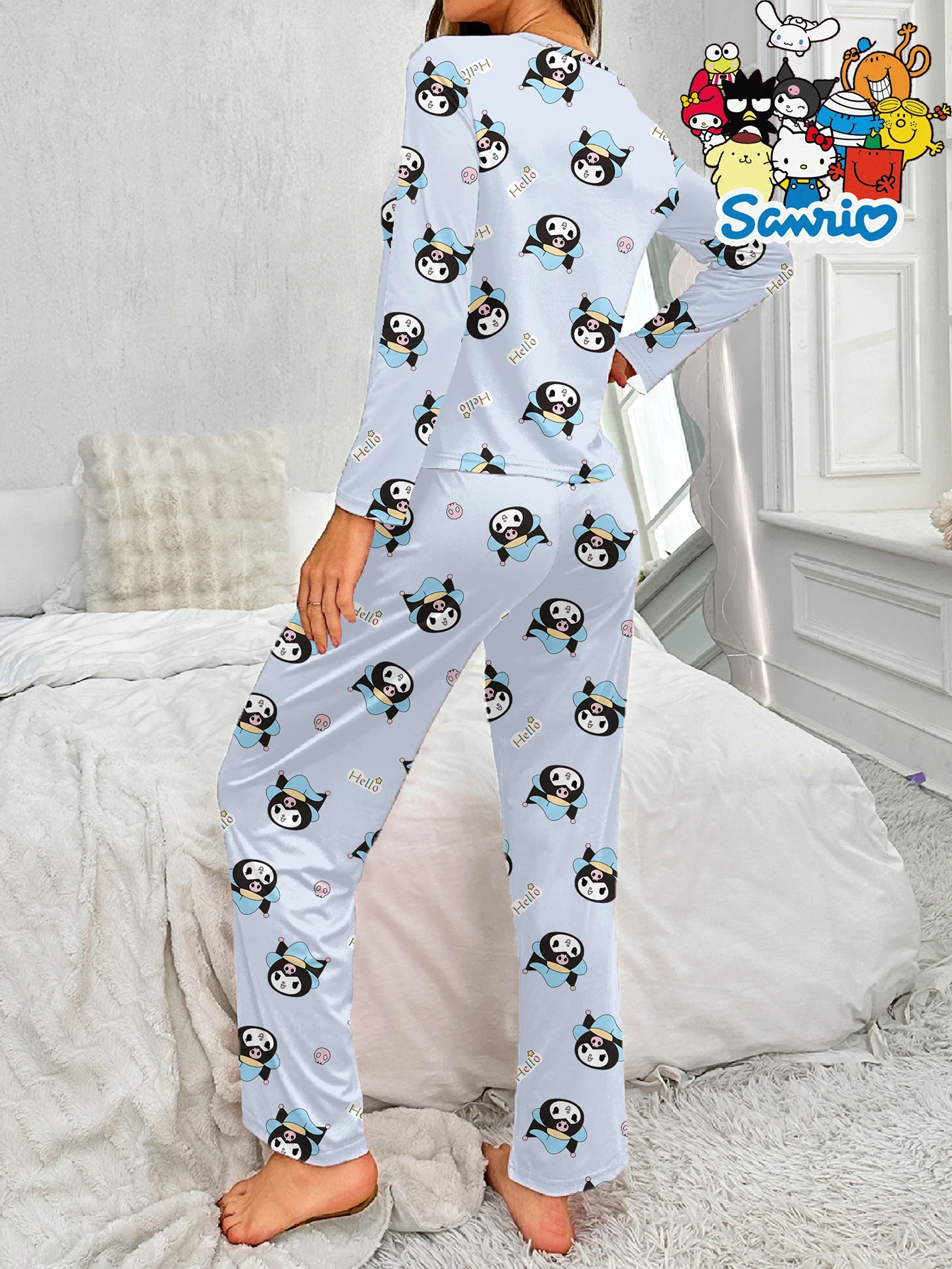 Sanrio calças de manga comprida Kulomi gola redonda desenho animado fofo pijama casual conjunto de roupa de dormir