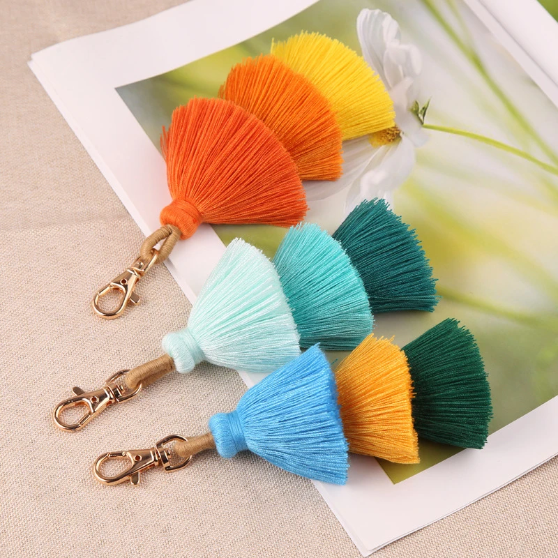 Handmade Pom Pom Colorful Three- layered Tassel Keychain Bag Charms Gradient Colors Key Holder Boho Jewelry Gift for Women