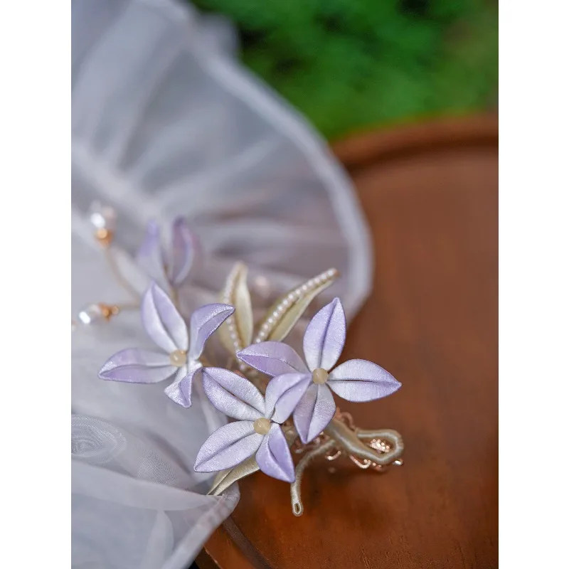 Lavender Floral Wrapped Flower Hair Clip Chinese Elegant Fairy Side Bun Updo Hair Accessory for Women Handmade Daily Wear Gift
