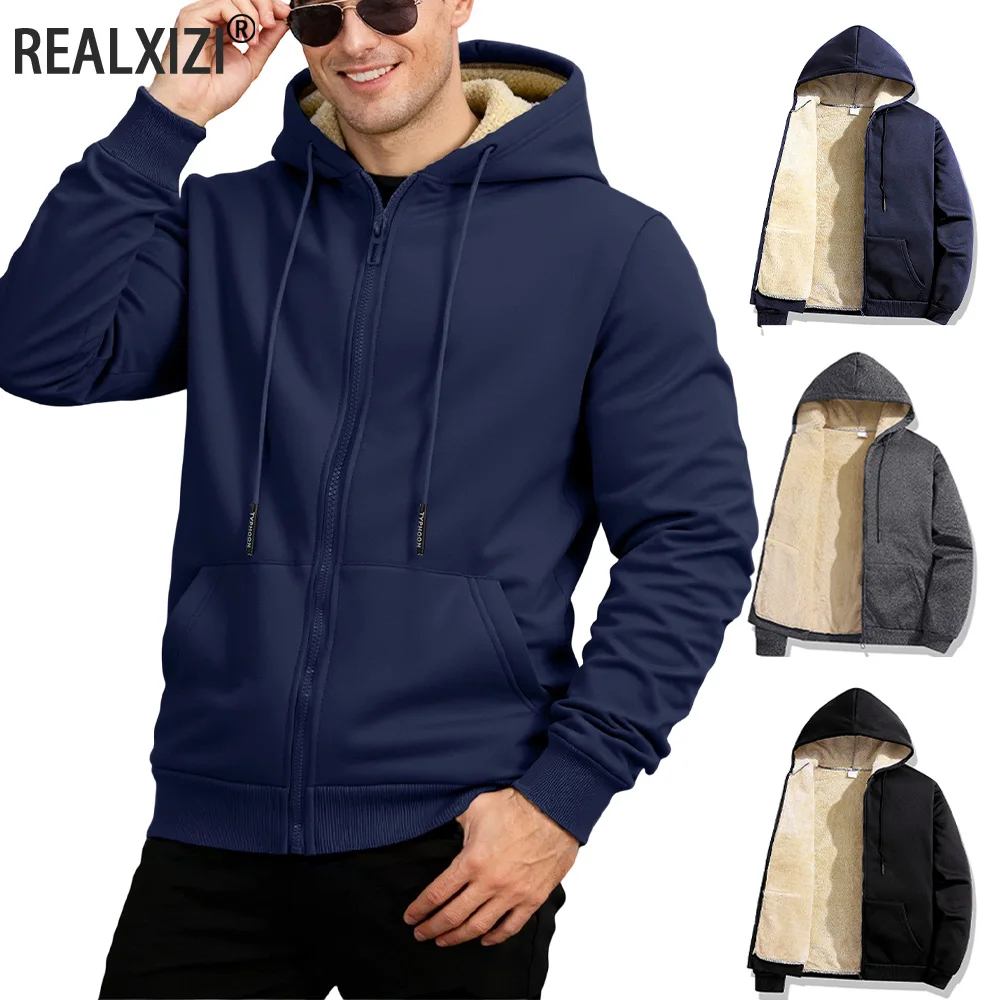 Zimowe bluzy z kapturem z wełny jagnięcej Grube ciepłe kurtki Bluzy z długim rękawem Casual Sportowe polarowe czarne płaszcze z kapturem Męski płaszcz do