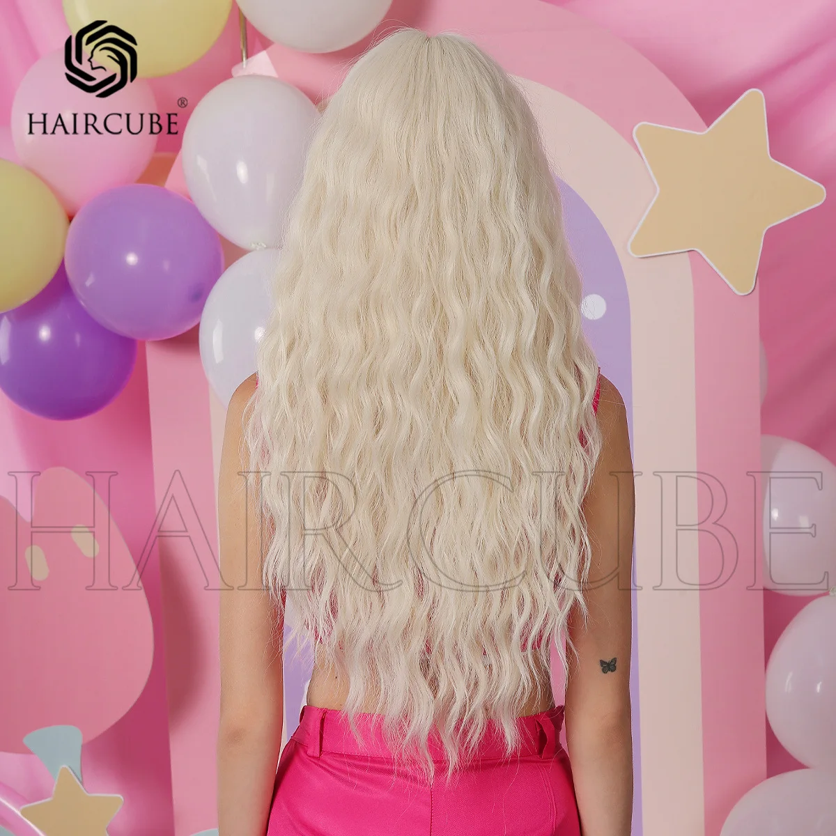 Peruca longa de cabelo encaracolado com Franja para mulheres, barbie bangs, lã bege, fibra resistente ao calor, cosplay diário, festa, novo