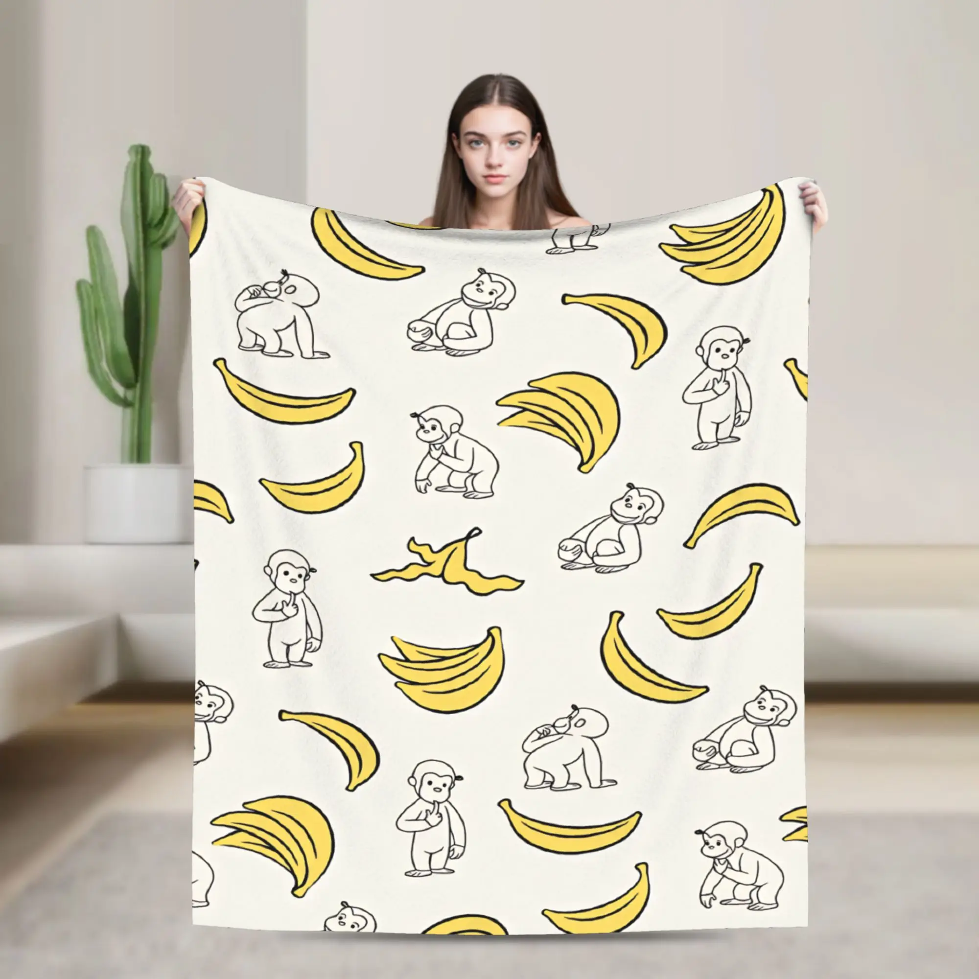 Curious George Line Art Banana Soft Warm Blanket  Picnic Plush Bedding Throws Funny Home Decor Flannel Bedspread Sofa Bed Cover