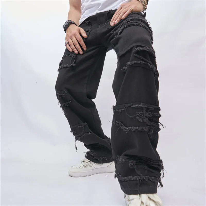 

New European and American Style Retro Casual Black Jeans for Men, Trendy All-match Loose High Street Wide-leg Straight Pants