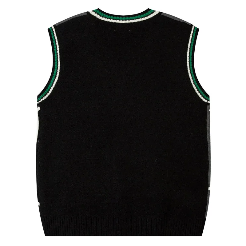 Harajuku Casual Sweater Vest Men Contrasting Color Patchwork V-Neck Sleeveless Knit Pullover Japanese Preppy Style Jumpers Fall