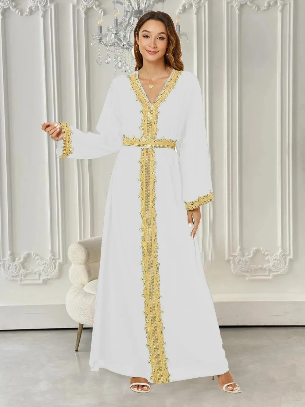 Sweet Long Sleeve Eid Turkey Muslim Dress Women Kaftan Long Robe Abaya V Neck Vestidos Islamic Clothing Arabic Dresses Mulsuman