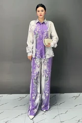 2024 Summer New Trendy Fashion Set Long Sleeve Collar Printed Casual Sports Wide Leg Pants Two Piece Set J330