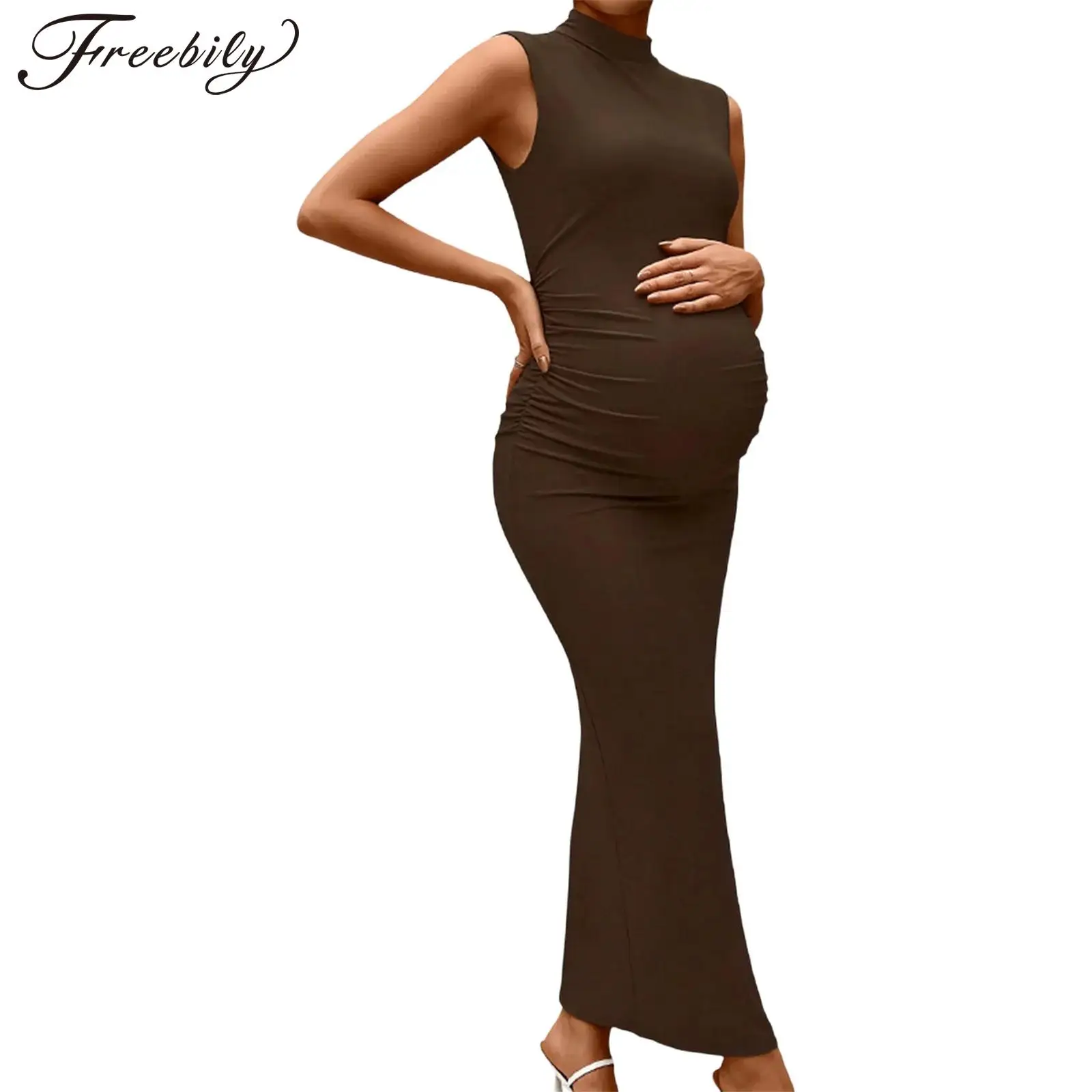 

Платье для беременных с драпировкой, облегающее, с воротником-стойкой, без рукавов, для фотосессий, для повседневной носки и шопинга