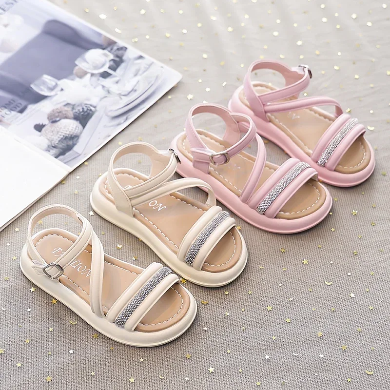 Girls Fashion Sandals Open Toes Non-slip Kids Beach Shoes Hook&loop Princess Style 2025 Summer New Children Sandals Outdoors
