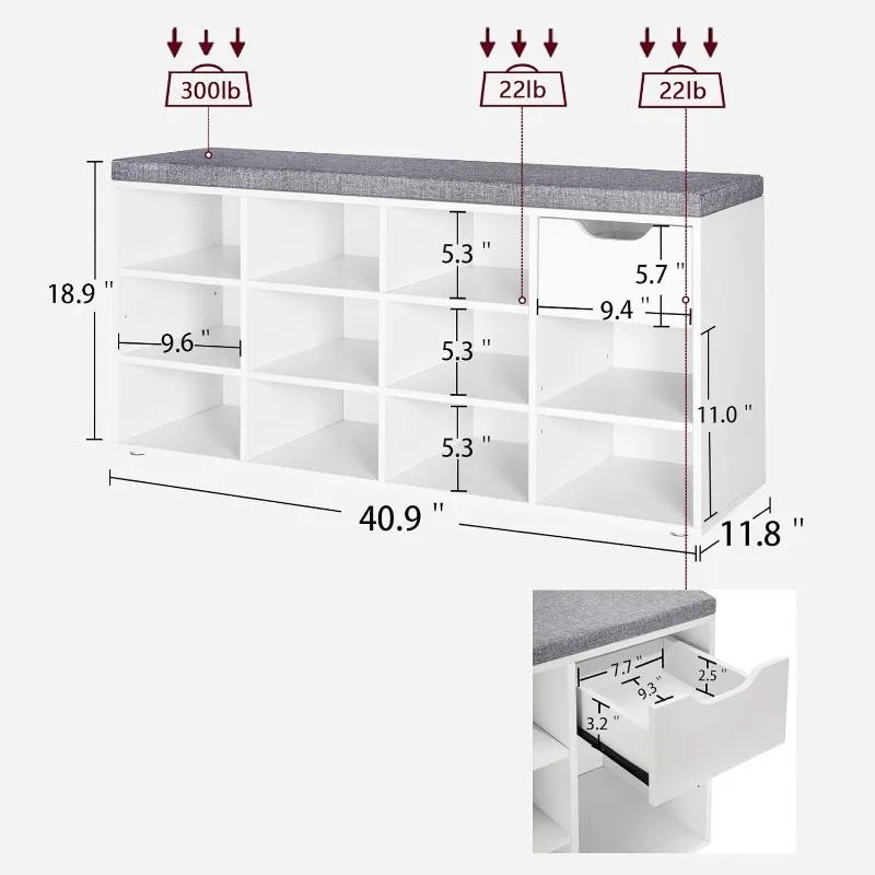 ม้านั่งเก็บของทางเข้าพร้อมลิ้นชักและ 11 Cubbies, ชั้นวางรองเท้า Cubby พร้อมชั้นวางปรับระดับได้, ที่เก็บรองเท้า