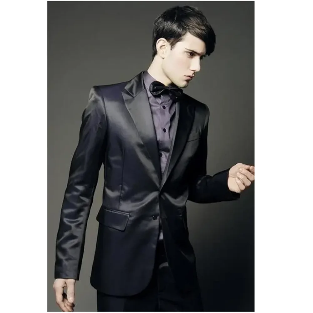 

Luxury Classic Black Silk Suit For Men Single Breasted Peak Lapel 2 Piece Jacket Pants Formal Wedding Banquet Ropa Hombre Slim