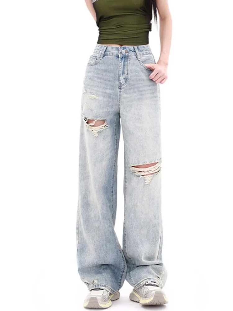 

Casual Loose Wide Leg High Waist Ripped Denim Pants 2024 New Fashionable Women'S Clothing