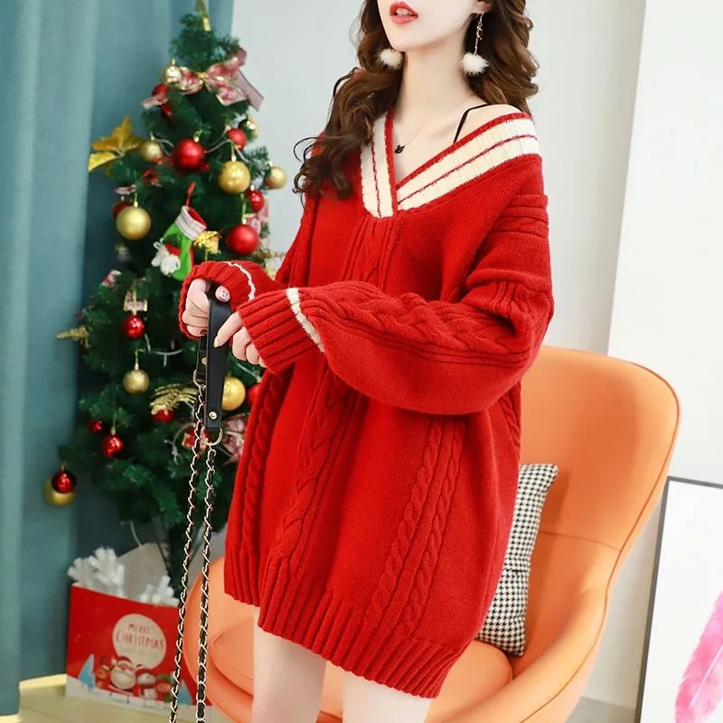 

Women 2023 New Sweater Dress V-neck Large Size Loose Slouchy Thin Foreign Age Reduction Knitted Undershirt Versatile