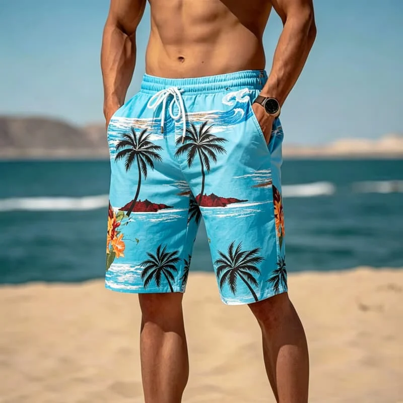 Men's summer tropical coconut tree printed beach shorts, breathable and quick drying style, suitable for beach vacations