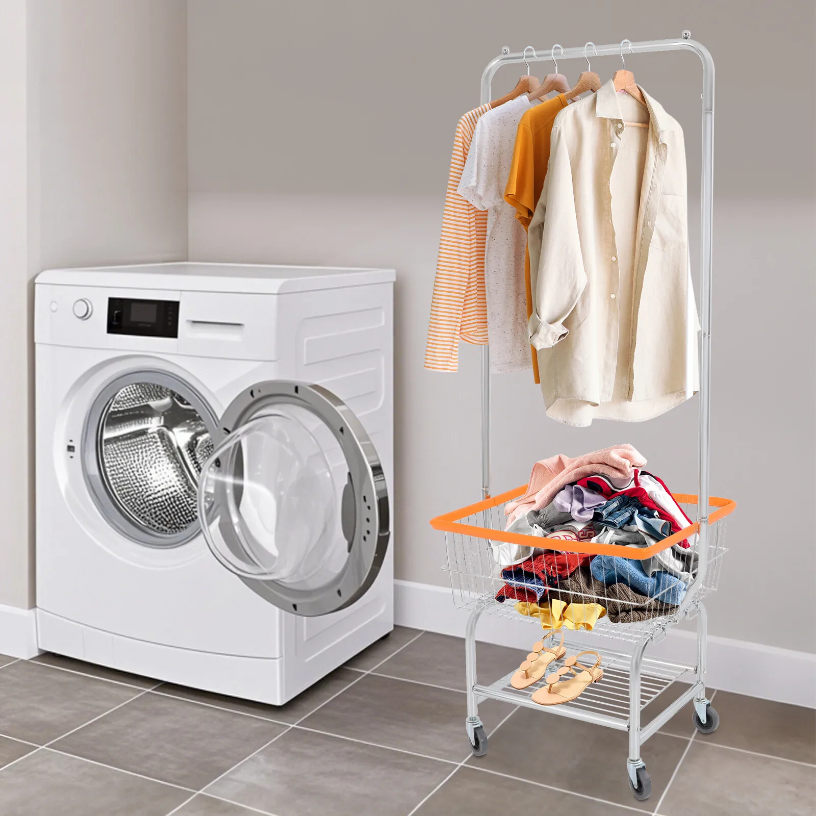 

Rolling Laundry Cart with Hanging Rod Large Capacity Clothes Hamper for Home Dorm Office Use Smooth Wheels Foldable Design