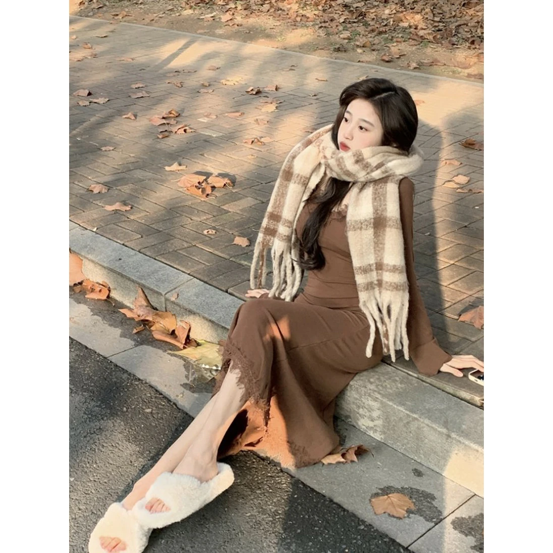 Hebe Style Korean V-neck Lace Long Sleeve Dress Bodycon Skirt Tight Fit Wrap around Autumn Winter Fashion Ladies Dress