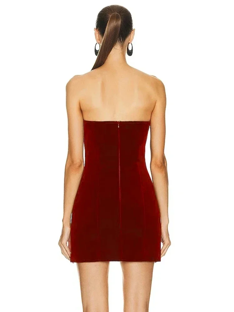 Vestido ajustado sin tirantes para mujer, minivestido Sexy con corte de corazón de diamante, rojo vino, Espalda descubierta, cristal, fiesta de celebridades de noche