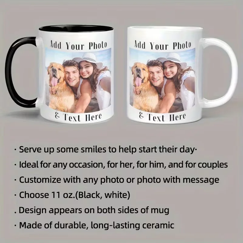 1pc 11oz Custom Photo Ceramic Coffee Mug, Personalized with Picture, Text & Name, Ideal Gift for Friends for Holiday