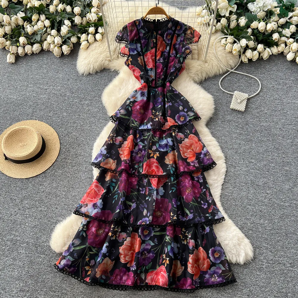 

Long Dress Women Cake Dresses A Line Vestidos Y2k Streetwear Ruffles High Waist Elegant Splice Party Night Work Print Floral