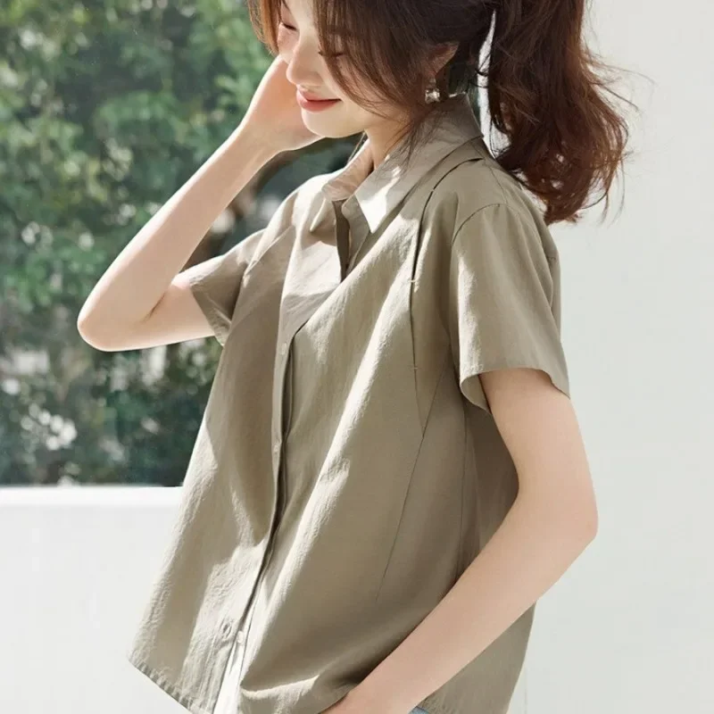 

Винтажные женские блузки, однотонные французские рубашки, модные свободные летние корейские костюмы с отложным воротником, женские топы с короткими рукавами