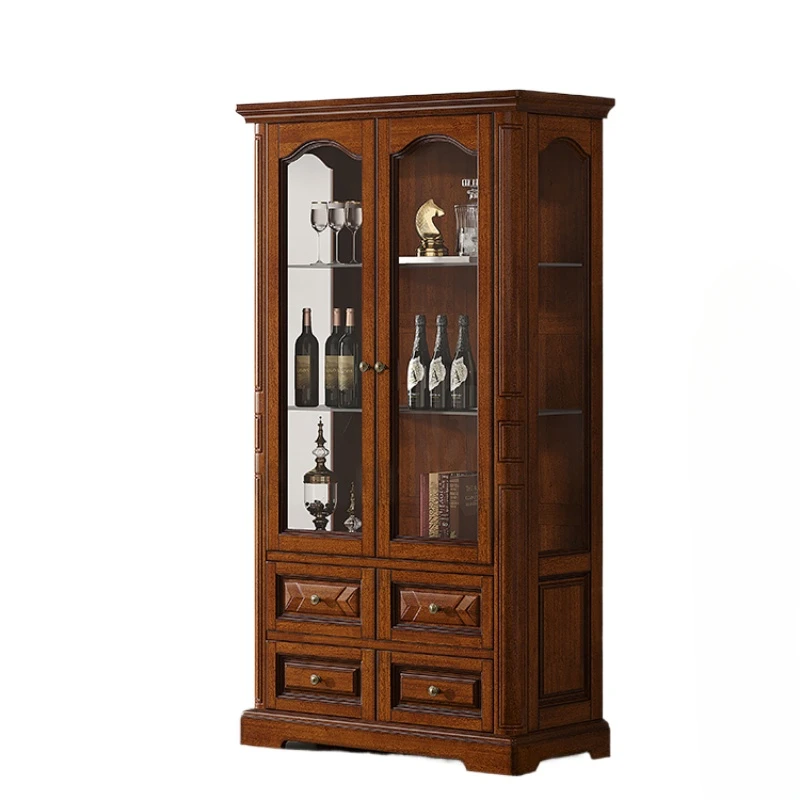 Tqh Living Room Wall Double Door Glass Curio Cabinet Display Cabinet Light Luxury High-End Solid Wood Retro Sideboard Cabinet