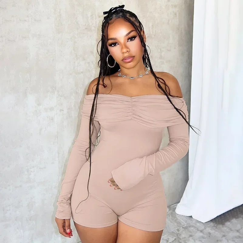 Leosoxs Sexy Off Shoulder Pleated Full Sleeve Sporty Playsuits Women Wrap Chest Backless Skinny One Piece Rompers Y2K Streetwear