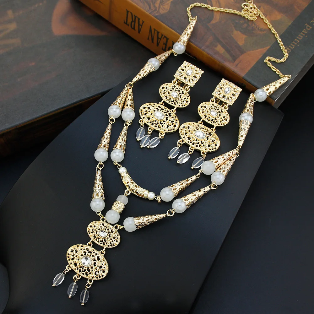 Sunspicems Chic Algeria Jewelry Hand Bead Chain Necklace Drop Earring for Women Natural Stone Arabic Bride Wedding Jewelry Sets