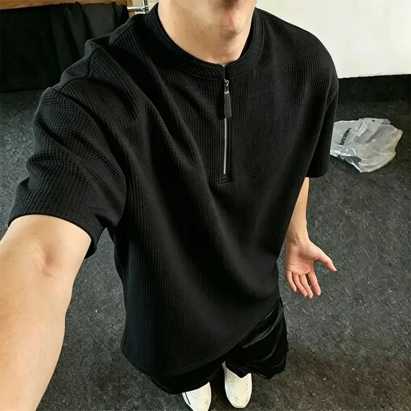 Men Summer Navy Half Zip Stand Collar Waffle Texture Short Sleeve Minimal American Style Casual Daily Tee Tops S-3XL