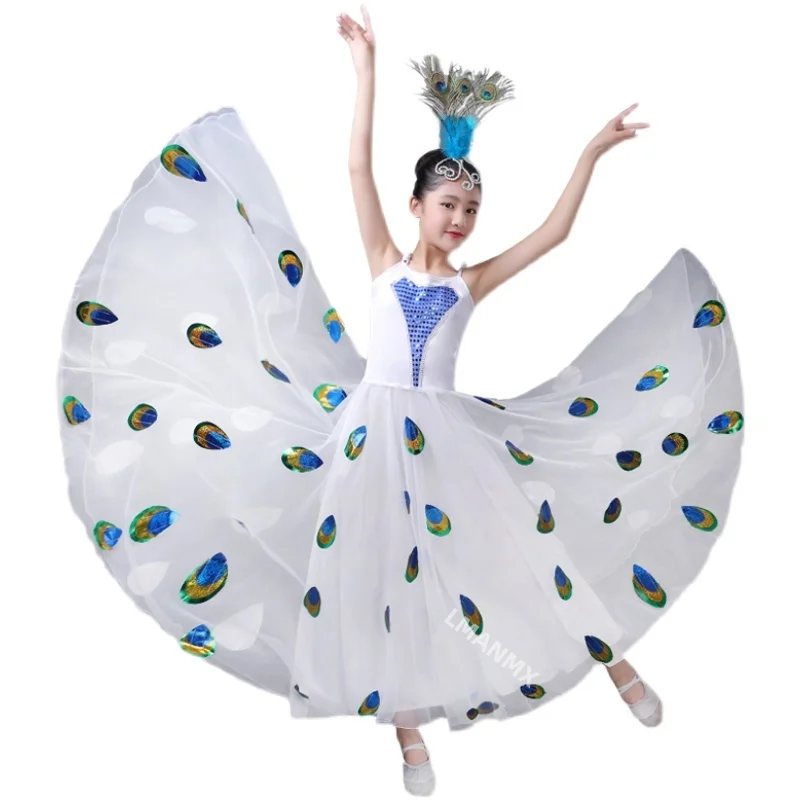 Nuevo traje de danza étnica, disfraz étnico Dai, disfraz de actuación de falda grande para baile de pavo real y espíritu de gorrión para niños