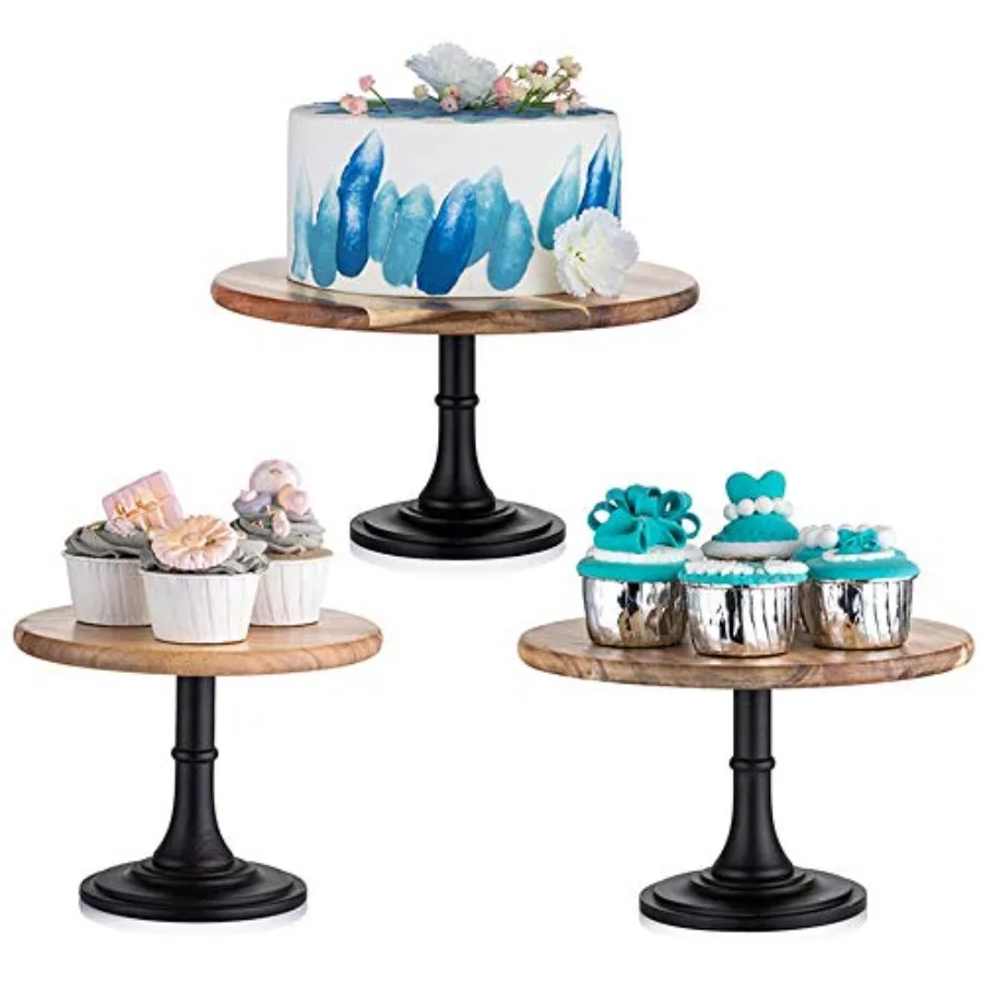 

Wooden Cake Stand Set: CupCake Display Riser 3PCS Wedding Plant Stands Round Acacia Wood Dessert Pedestal Holder Cookie Serving