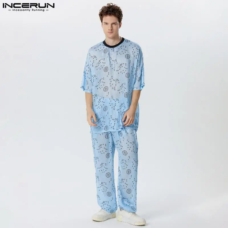 INCERUN Men Clothing Fashion Men's Sets Print Seven Quarter Sleeves Sets 2PCS Transparent T-shirts Long Pants Male Suits