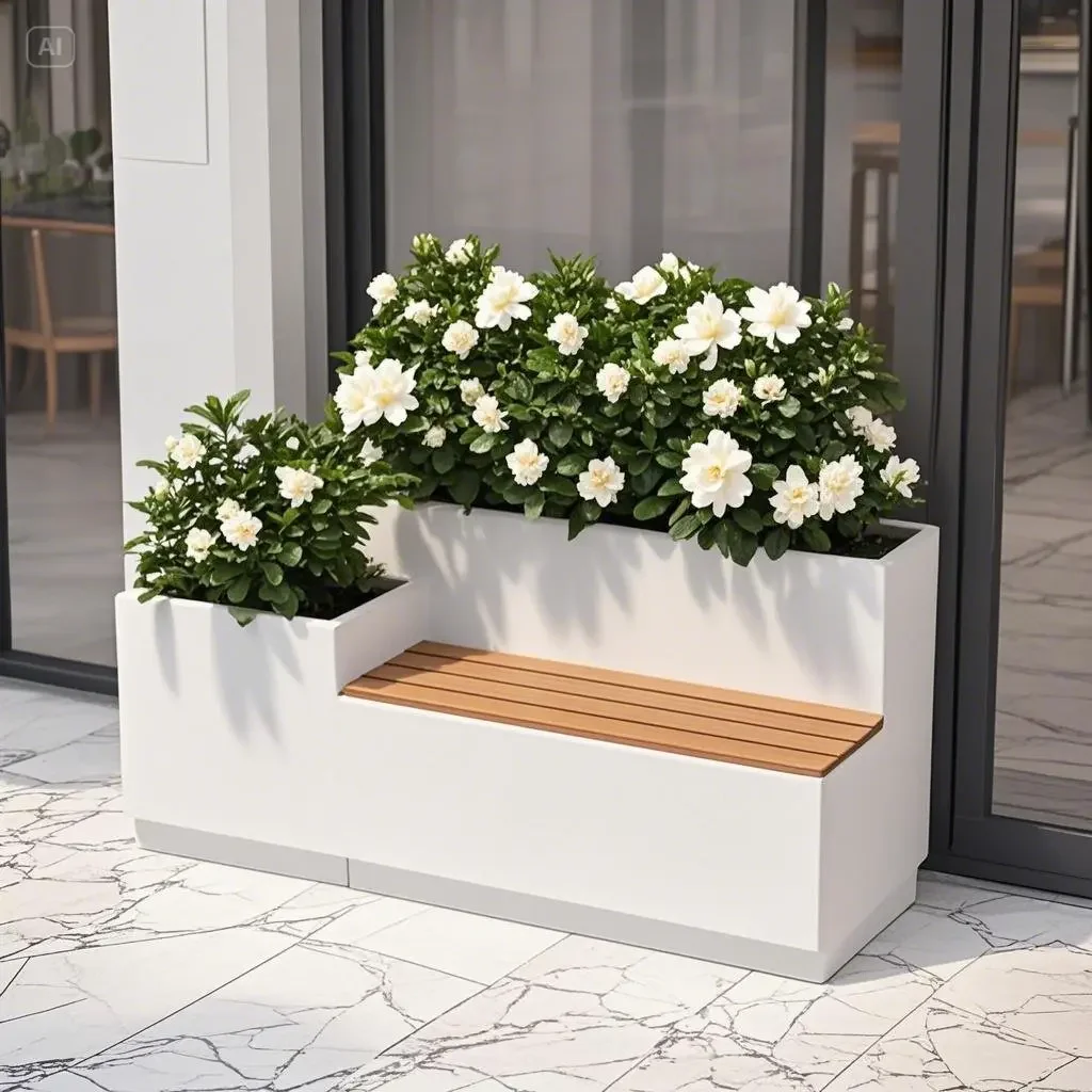 Outdoor stainless steel seat flower box shopping mall flower pool outdoor seat combination flower bed wrought iron planting slot
