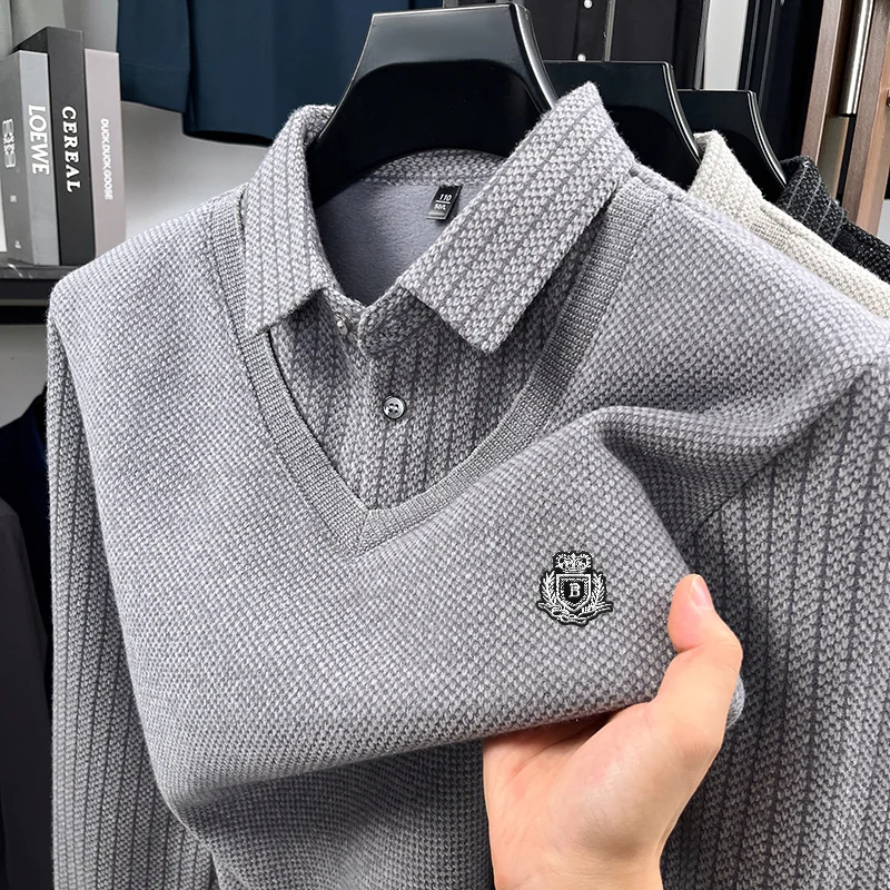 Quality Man Long-Sleeved Polo Shirt False Two-Piece Lapel Letter Embroidery Thicken Fleece-Lined Winter Fashion Men's Clothing