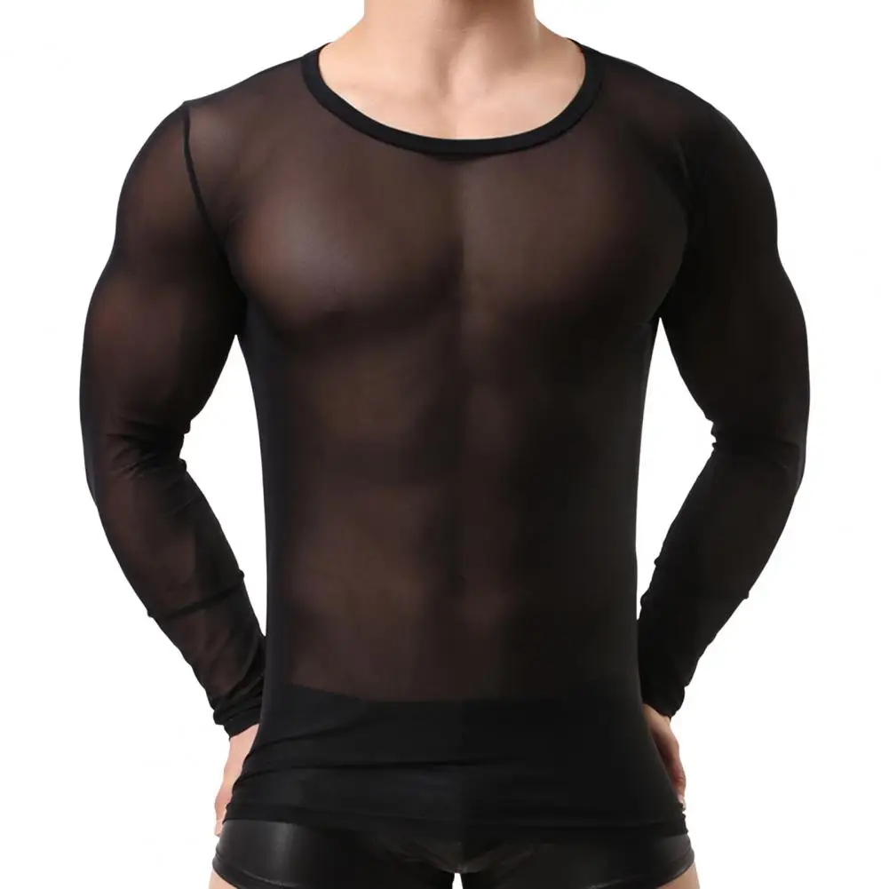 Men Mesh Top Ultra Thin See-through O Neck Long Sleeves Solid Color Stretchy Party Homewear Dance Performance T-shirt