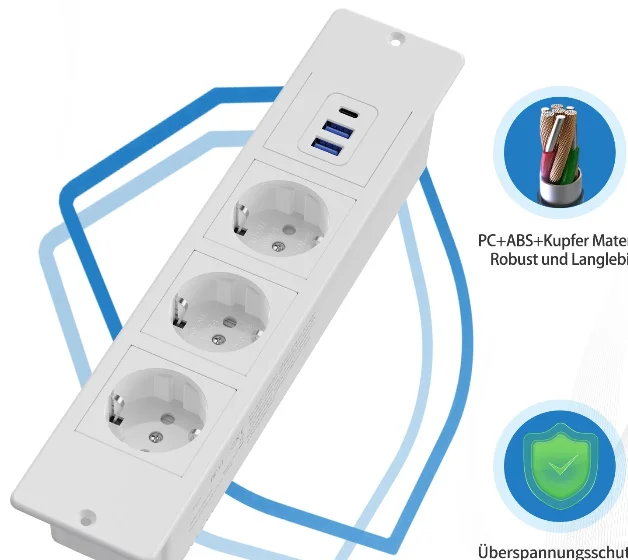 3-Way EU Table Recessed Socket Hidden Type with 2 USB A and 1 Type-C PD20W Fast Charge Multi Plug Desk Home Electric Outlets