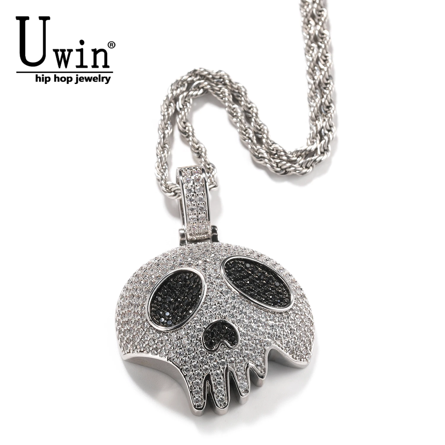 Uwin Big Black Eye Skull Pendant Micro Paved Out Cubic Zirconia Gothic Halloween Jewelry Gift For Men's Women Hiphop Jewelry