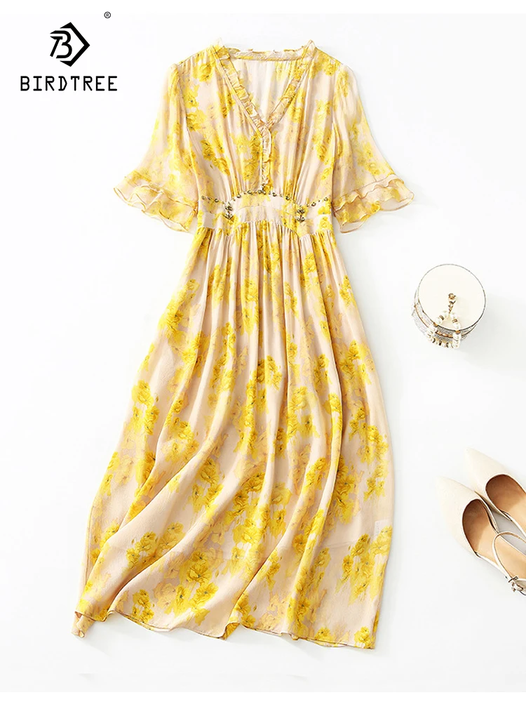 

Birdtree 100%Mulberry Silk Yellow Flower Print Dresses V-neck Flare Sleeve Waist Stapled Pearl Dress 2023 Summer New D38125QC