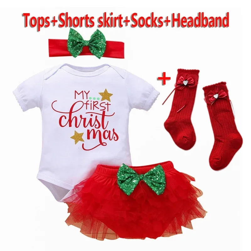 

Cute My 1st Christmas Baby Girls Clothes Bodysuit Deer Santa Printed Newborn Jumpsuits Infant Outfits Xmas Romper Skirt Headband
