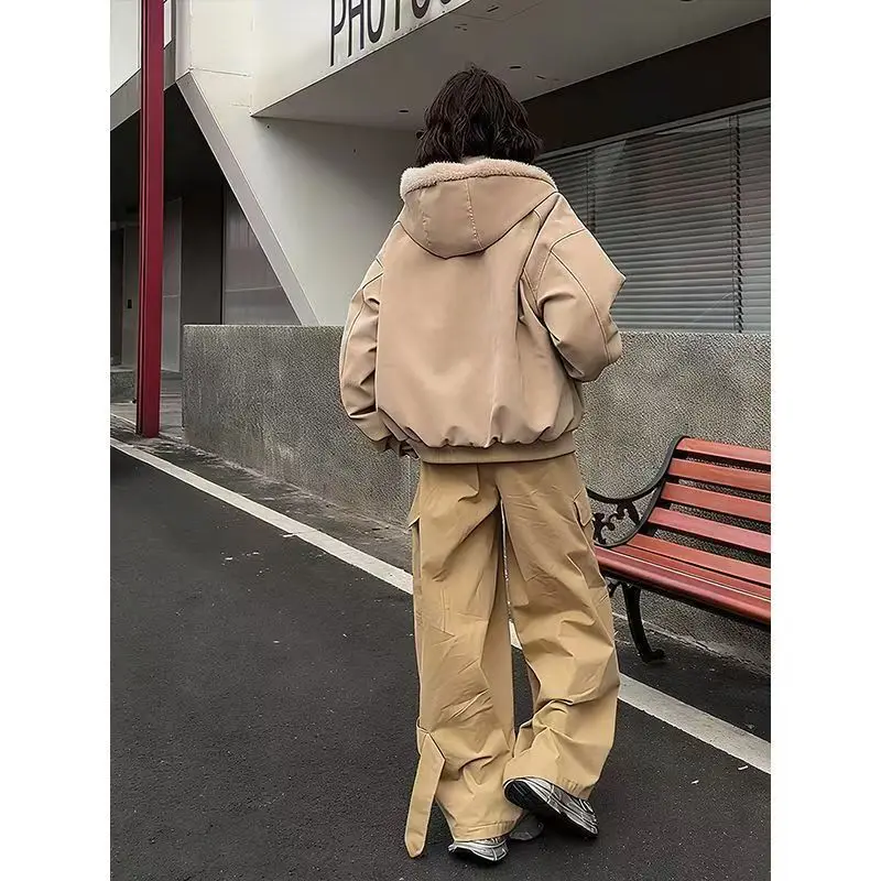 Coalfell Fashion Hooded Leather Jacket for Men and Women Autumn Winter Plus Velvet Thickened Warm Fur Collar Cotton Jackets