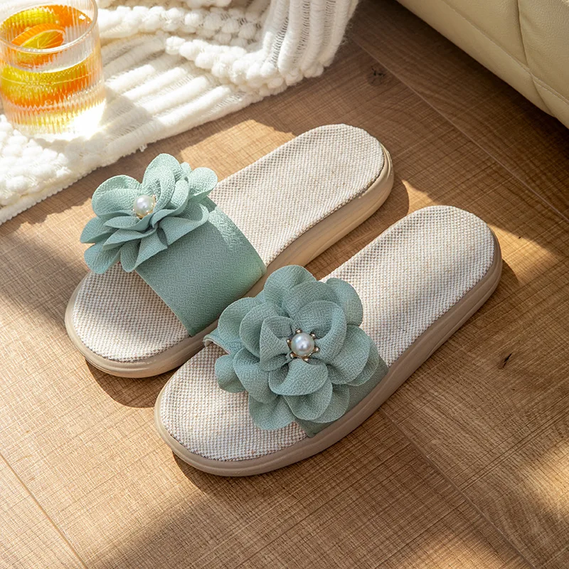 2023 spring and summer linen home indoor soft bottom candy color female four seasons fabric big flower sandals and slippers
