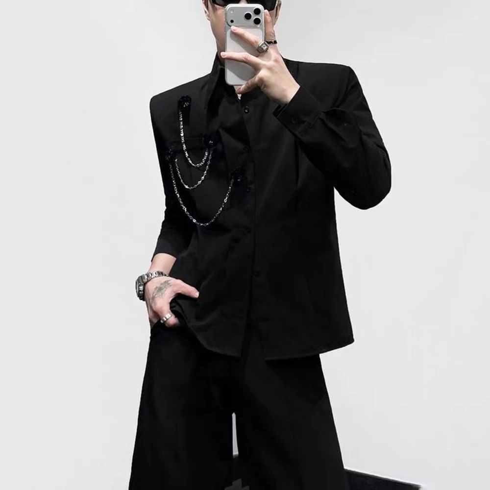 Mens Y2k Floral Metal Necklace Shirt Spring Streetwear Nightclub Niche Stage Party Soft Punk Lightweight Long Sleeve Top 2026