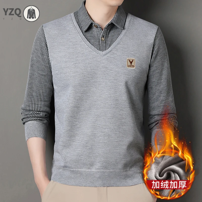 Male V Neck Knit Pullover Fake Two Piece Design Striped Collar Long Sleeve Top Daily Workplace Comfort Knitwear