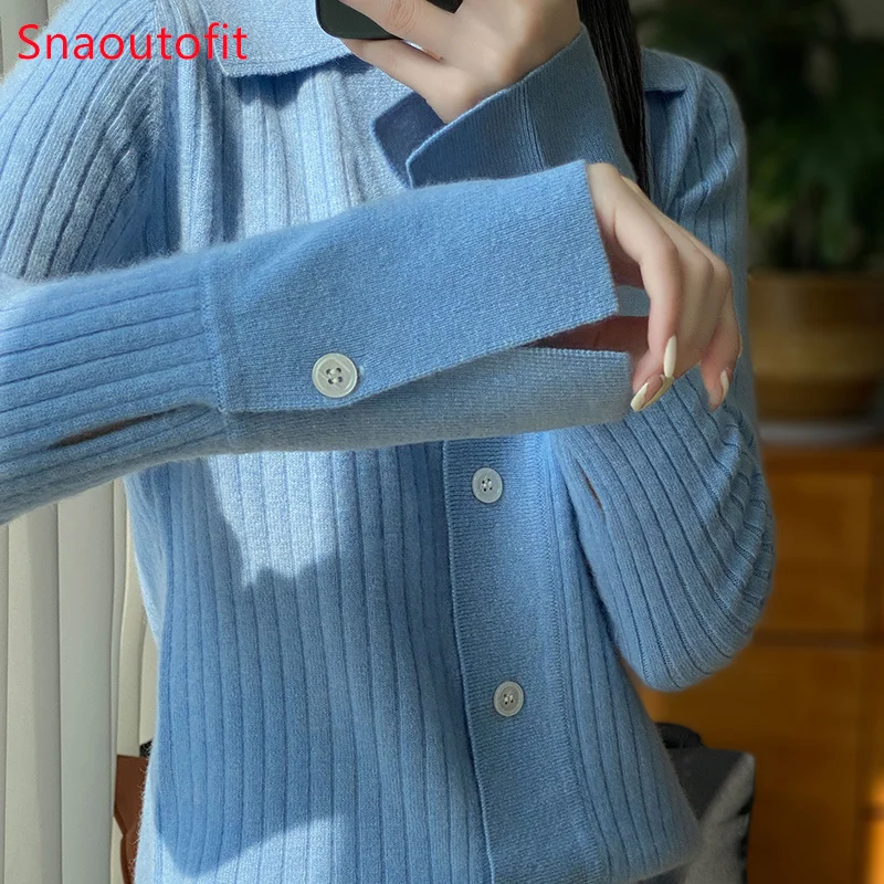 100% Wool Cardigan POLO Neck Solid Color Knit Sweater for Women Autumn Winter Fashion Formal Loose Cashmere Coat Niche Chic Top