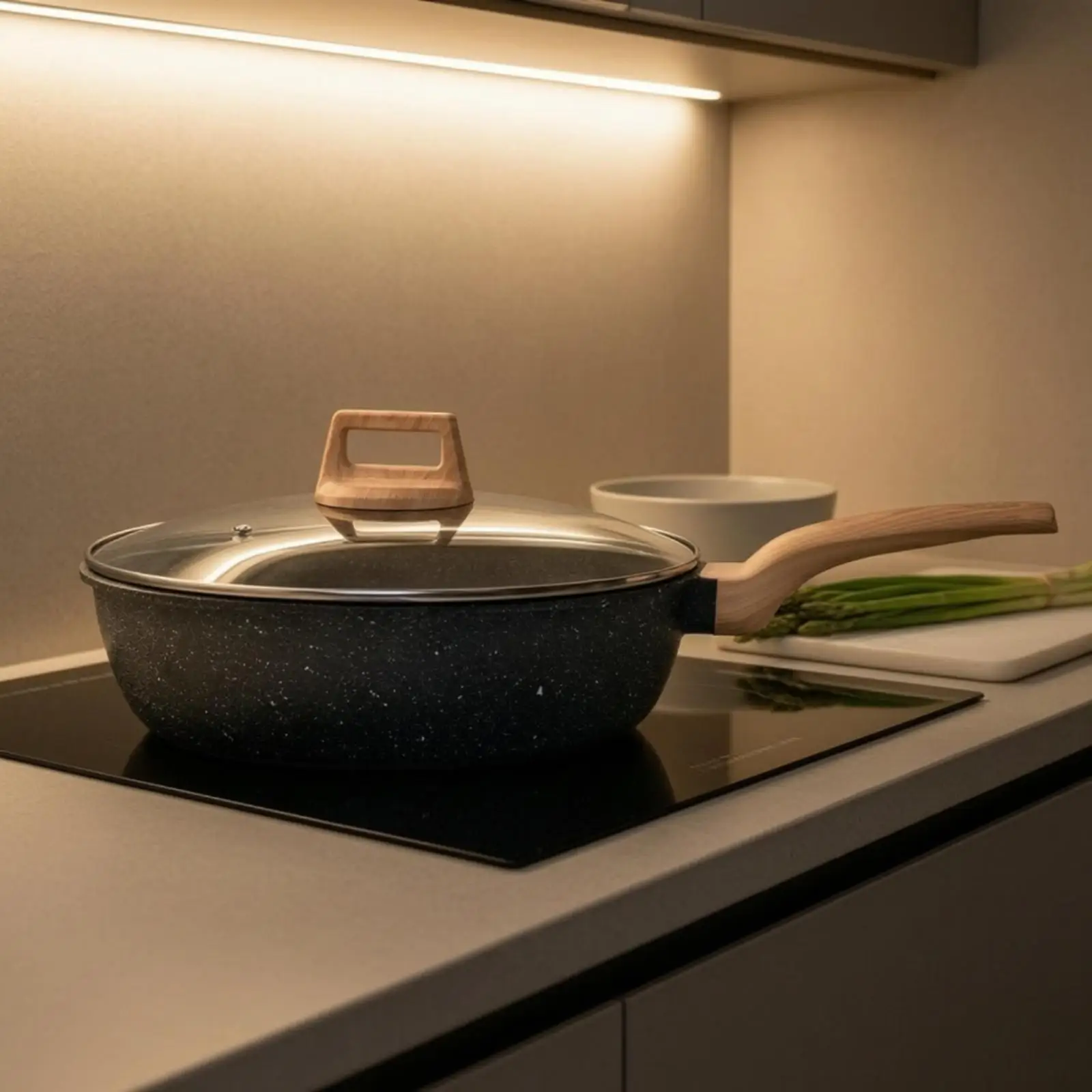 Cast Aluminum Nonstick Frying Pan with Glass Lid Deep Skillet for Gas Electric Stove Cooking