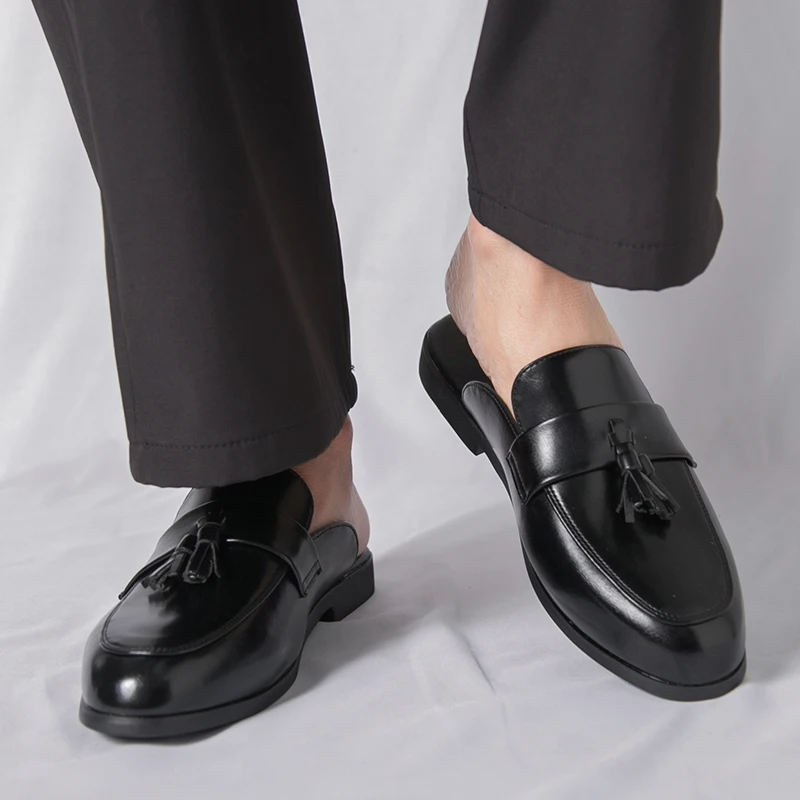 Big Size Backless Mules Half Loafer Slippers Open-back Casual Shoes Man Fringe Slip On Flat Sneakers Closed toe Slides Sandals